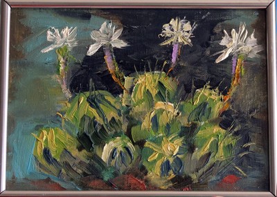 Blooming Echinopsis Cactus 6x8'' Small Textured Original Oil Painting Art 