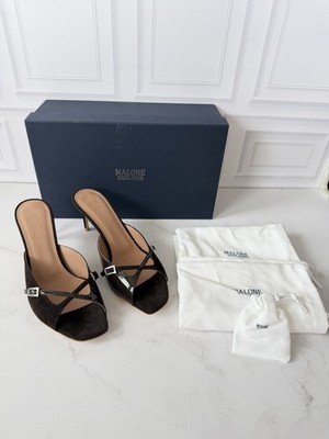 Malone Souliers Francine 70-4 Ebony Suede Patent Leather Mule Heels EU 38.5 NIB