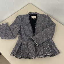 Rebecca Taylor Tweed Blazer Womens 6 Gray Flared Peplum Frayed Bracelet Sleeve