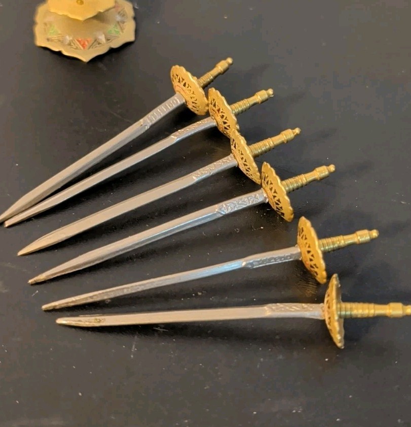 Vintage Toledo Spain Brass 6 Mini Sword Cocktail Picks Appetizer
