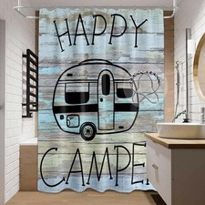 Small Stall Narrow Shower Curtain Happy Camper Stand Up Travel Trailer Teal S...