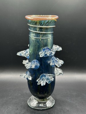 VTG 2005 Extremely RARE Unique Signed Art Glass Brutalist Blue & Orange Vase