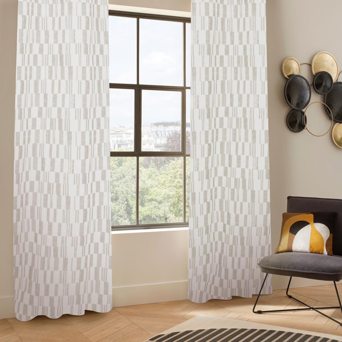 Rideau jacquard haut de gamme Leyna 140x260 cm beige lin à œillets