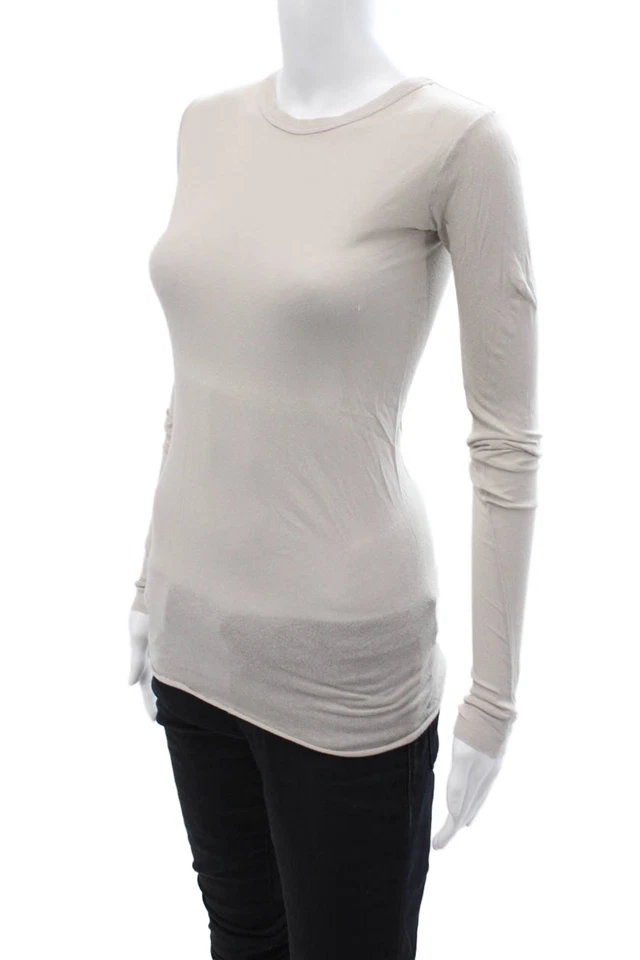 Enza Costa, Women Crew Neck Long Sleeve Beige Cotton Blend T-Shirt Size XS - Image 2 of 4