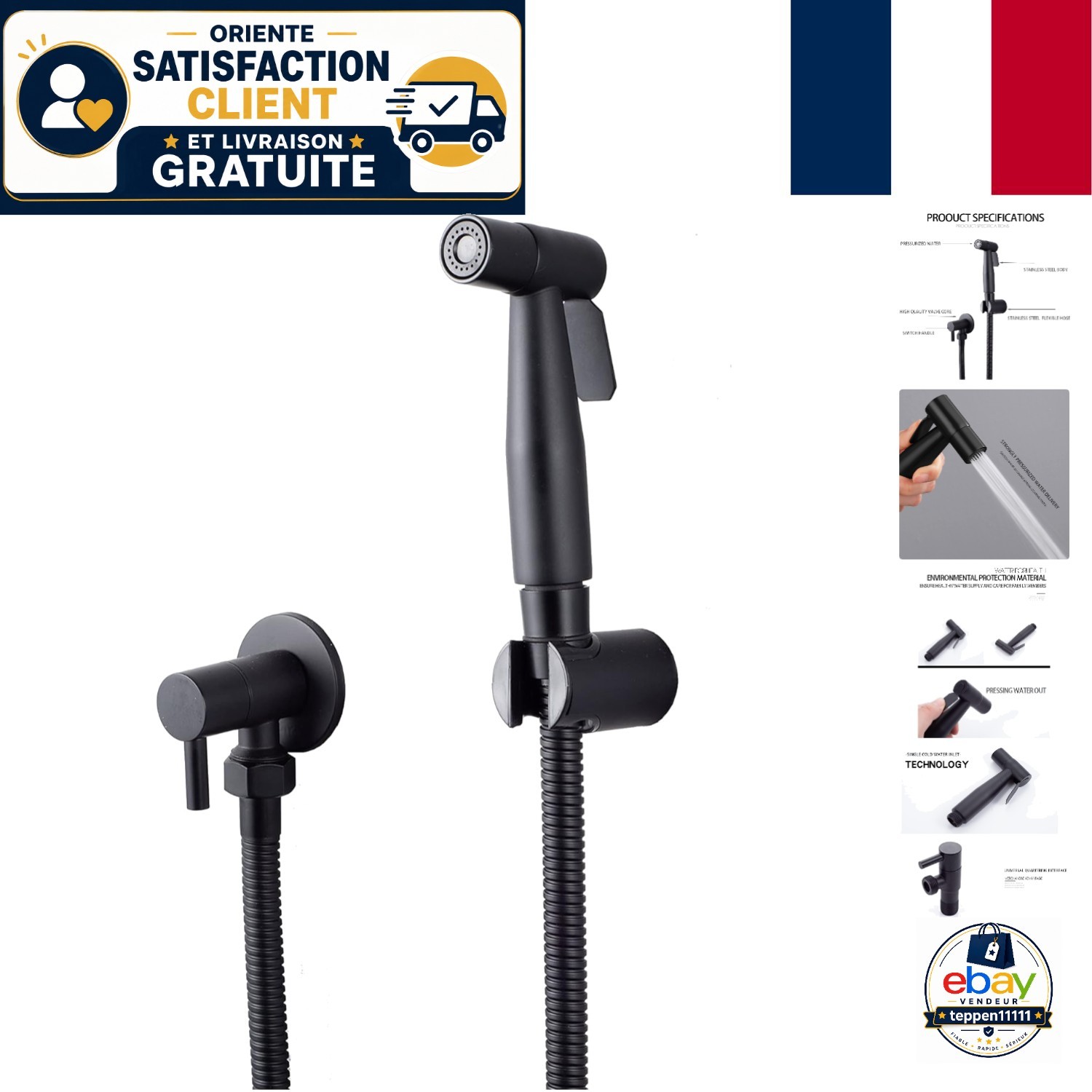Kit douchette WC noir anti-fuite en acier pour hygiène parfaite