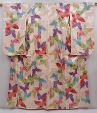 6023T14z1000 Vintage Japanese Kimono Silk KOMON Butterfly Peach-Beige