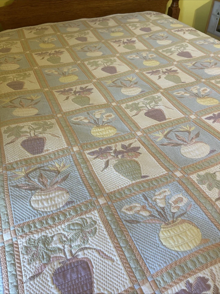 "Colcha tapiz tejida vintage - patrón de florero floral - reversible - 72"" x 80""" Foto 4 de 4