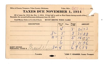 1914 - Tulsa Oklahoma Taxes Due Card  - XL3D