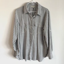 Max Studio Long Sleeve Button Down Striped Blouse Shirt Size Large Grey Women's