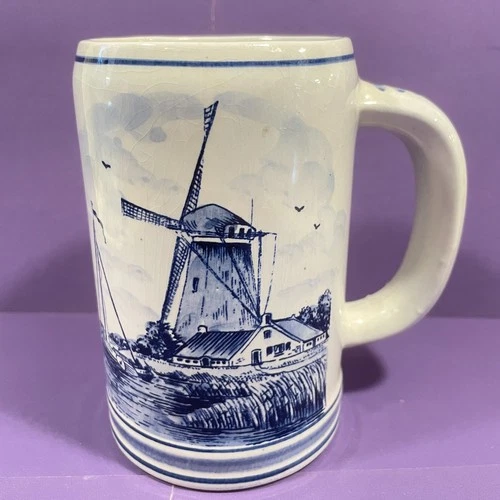 Blue Delft Handpainted Ceramic Mug Dutch Windmill Scene Holland 5" EUC