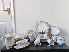 Vintage 29pc Porcelain Dinner Service 1980s Pink Fan Art Deco Style 6 Person Set