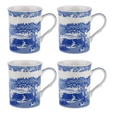Spode Blue Italian Large Porcelain Coffee Mugs, Set of 4, 12 oz - Blue White