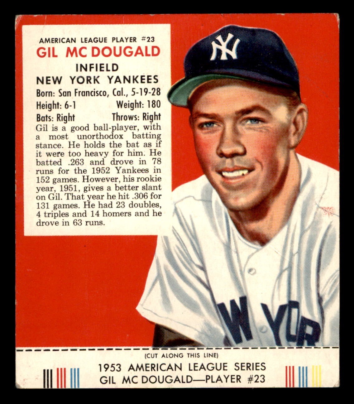 1953 Red Man with Tab Baseball #AL23 Gil McDougald GD *f1