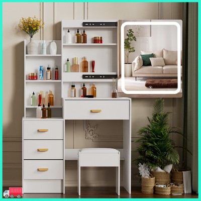 Vanity Set mit Led Beleuchteter Spiegel Makeup Frisiertisch 4 Schubladen Hocker