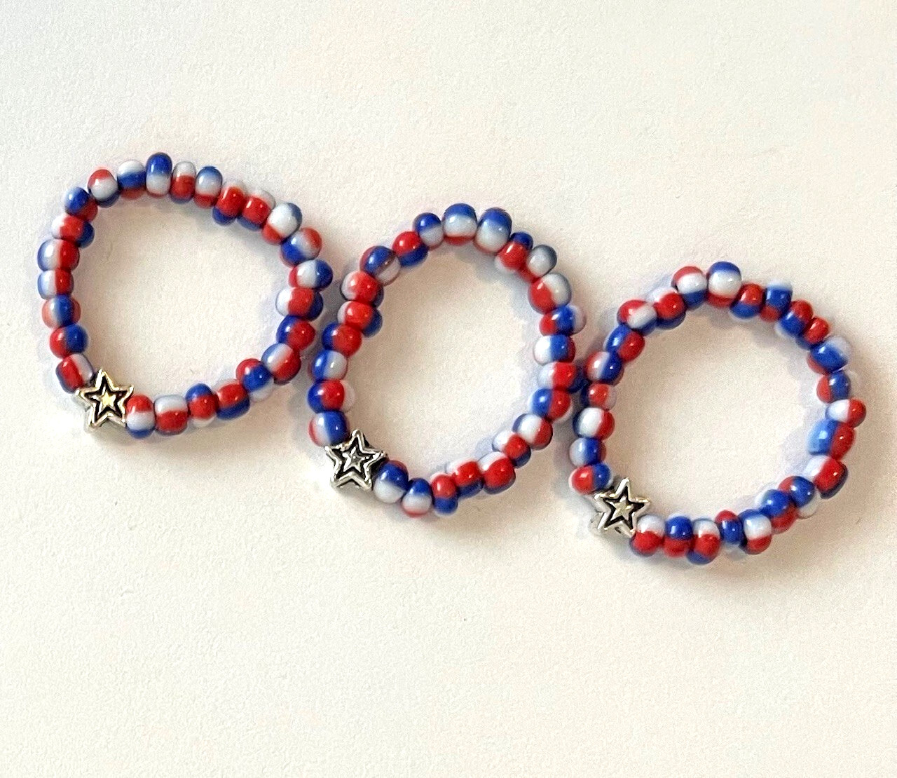 3pc 4th of July Patriotic Star Glass Seed Bead Stretchy Rings Red White Blue 6-7