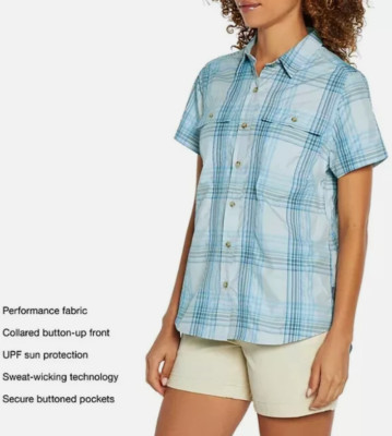 Eddie Bauer Ladies Short Sleeve Adventure Shirt, Medium, Blue Plaid, Button up
