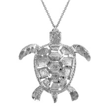 .925 Sterling Silver Textured Style Sea Turtle Pendant Necklace
