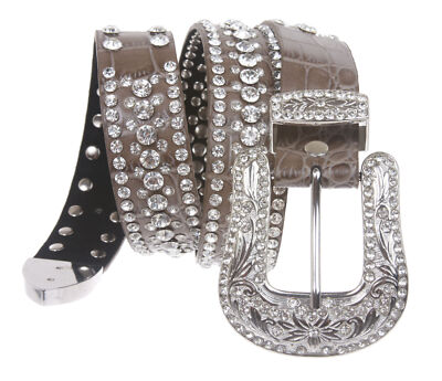 Snap On Western Faux Crocodile Print Rhinestone Leather Belt  display picture 2