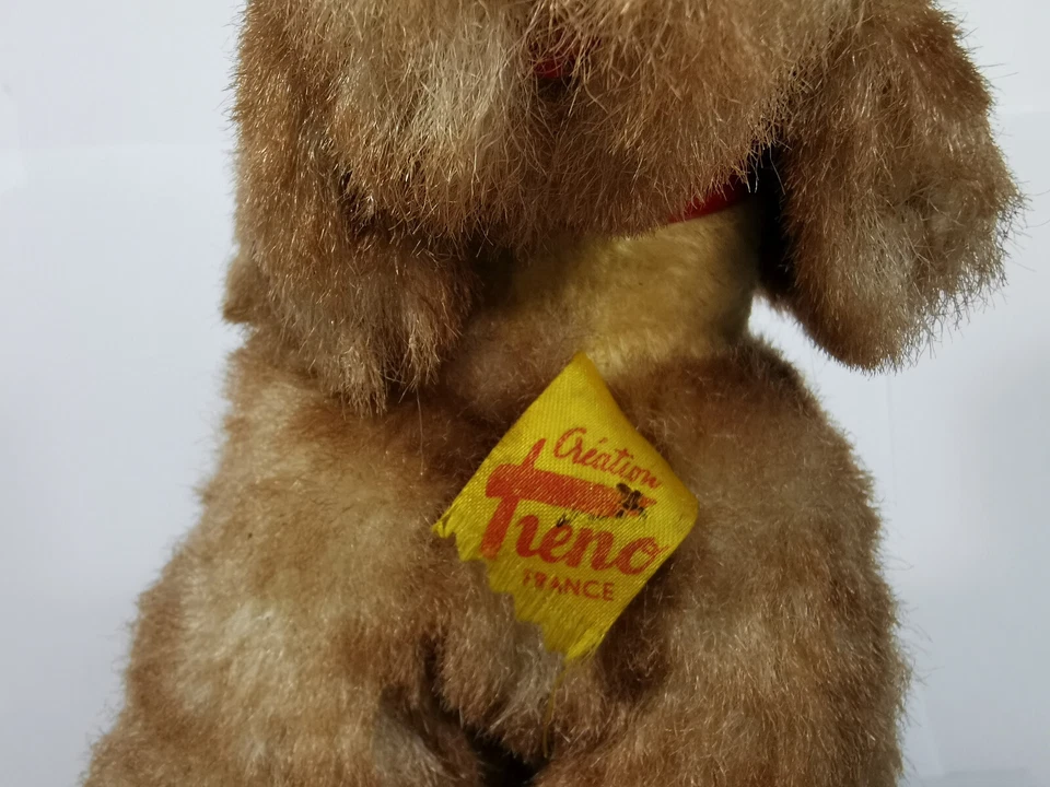 ANCIEN CANICHE SUR ROULETTE - CREATION TRENO YEUX EN VERRE - ANTIQUE STUFFED TOY - Photo 4/4