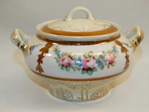 VINTAGE HANDBEMALTE NORITAKE PORZELLAN ZUCKERDOSE MIT DECKEL ROSA ROSEN ALTE GRÜNE MARKE - Bild 5 von 10