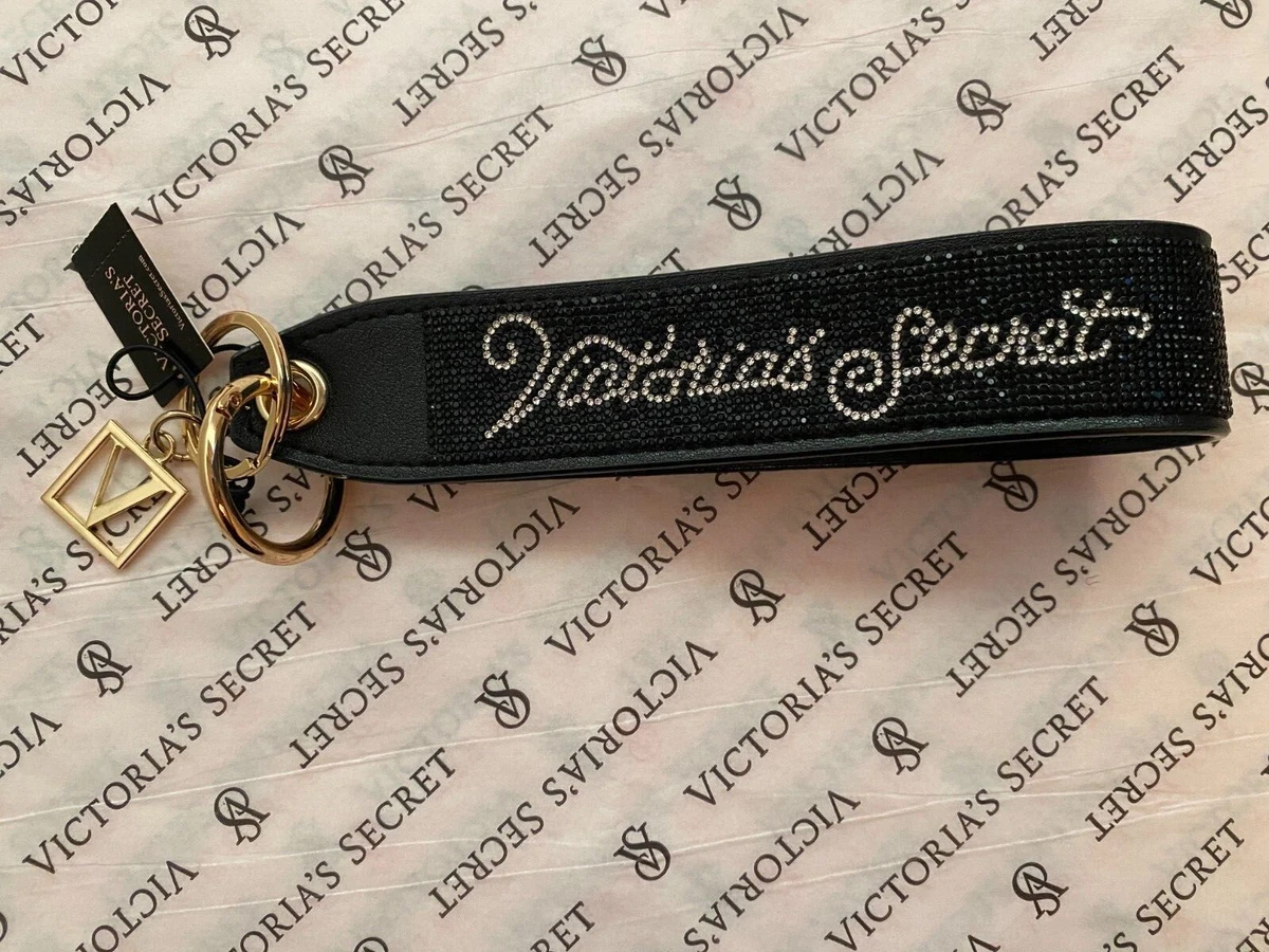 NWT Victoria's Secret Rhinestone Keychain Wristlet Strap Black VS Script  Logo