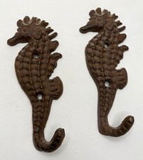 Pair of 2 Seahorse Cast Iron Metal Wall Hanging Hooks Coastal Beach Key Bath