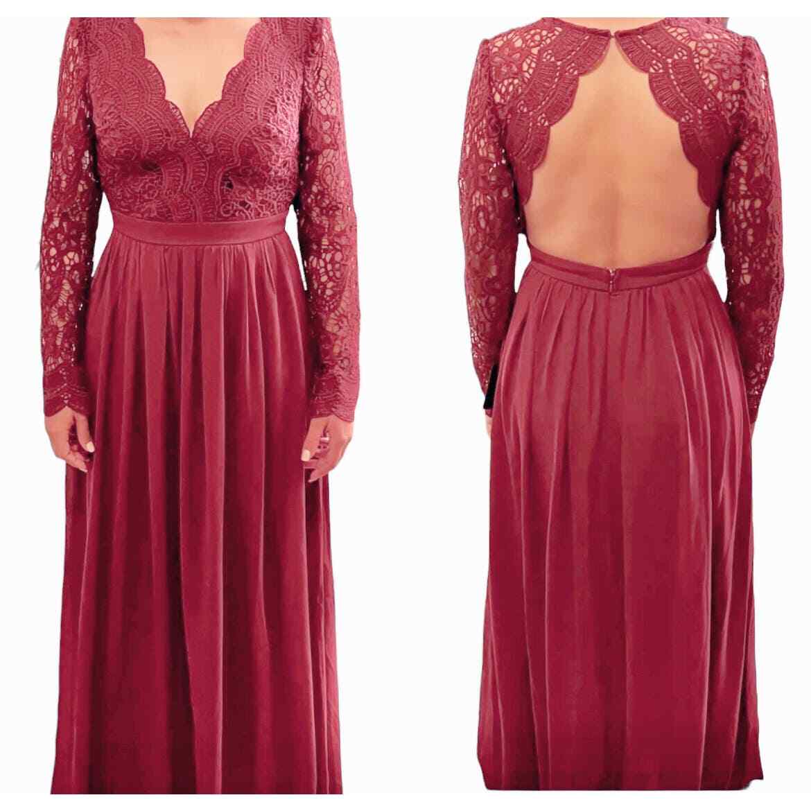 chinese dress ladies Zapaka Burgundy Long Sleeves Mother of The Bride Dress Bateau Lace Backless Chiffon Bridesmaid Dress, Burgundy / US4