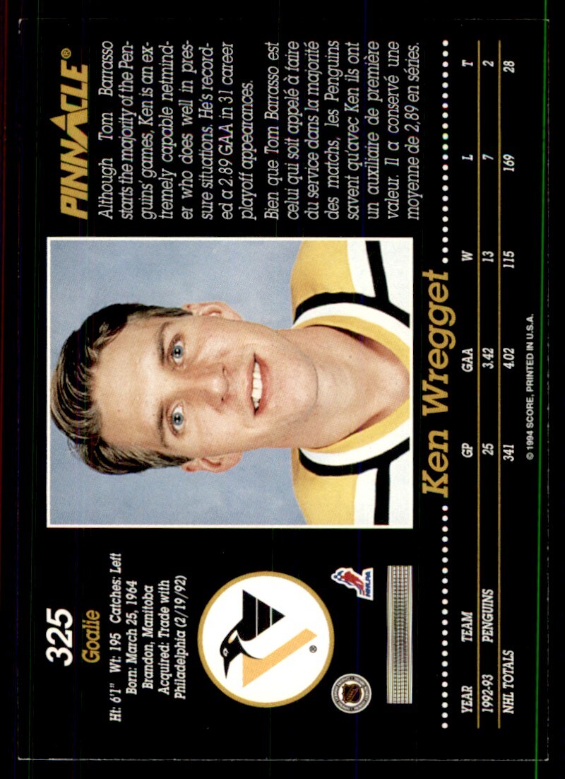 1993-94 Pinnacle Ken Wregget Pittsburgh Penguins #325 | eBay