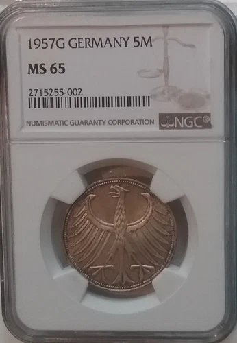 1957G GERMANY Silver 5M 5 Mark NGC Slabbed MS65 - FINEST KNOWN - 1of2 TOP POP!
