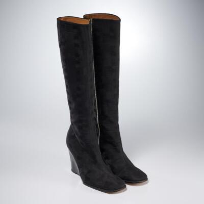 Bally Cheryl Black Fabric Zip Knee High Wedge Vtg Boots Womens Size w Box 