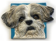 Shih Tzu Ceramic dog tile wall hang handmade sculpture by Sondra Alexander Art