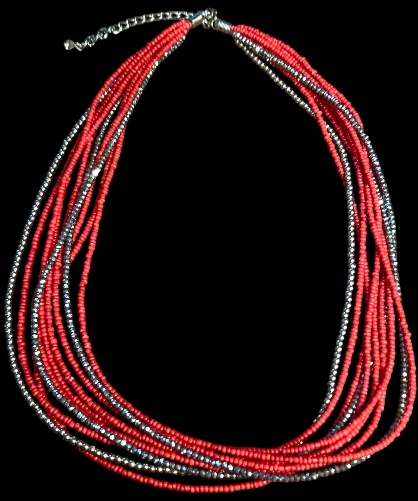 VETEMENTS Collana perle semi rossi vintage 10 fili tono argento gioielli 22" 25"L