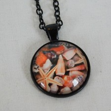 Seashells Starfish Conch Ocean Beach Black Cabochon Pendant Chain Necklace Round