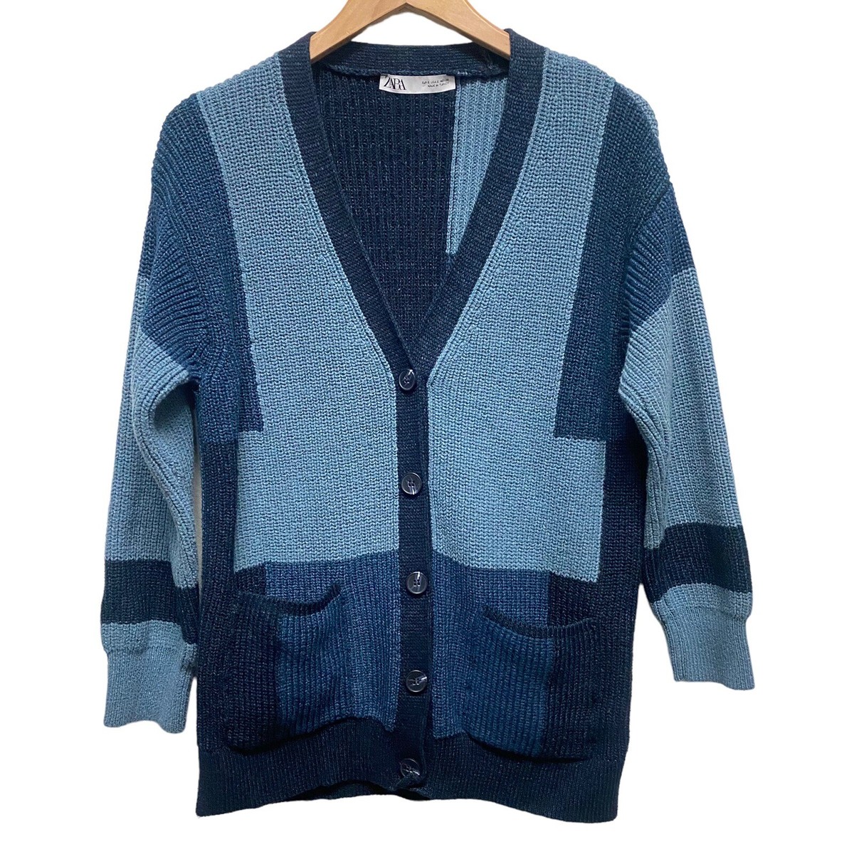 トップス ttt_msw Border Knit Cardigan blue sizeL ZARA Small Blue Patchwork Chunky Knit V Neck Cardigan
