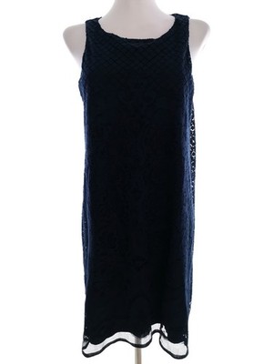 MAX STUDIO Damen Kleid Gr. M Marineblau Ärmellos Spitzenstickerei Knielang