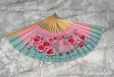 Vintage Hand Painted Japanese Folding Fan Wood & Paper 8.5 Inches Floral Design