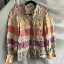 SEZANE Stripe Lace Button Up Blouse Shirt 34 Ramie Feminine Cottage Luxury Boho