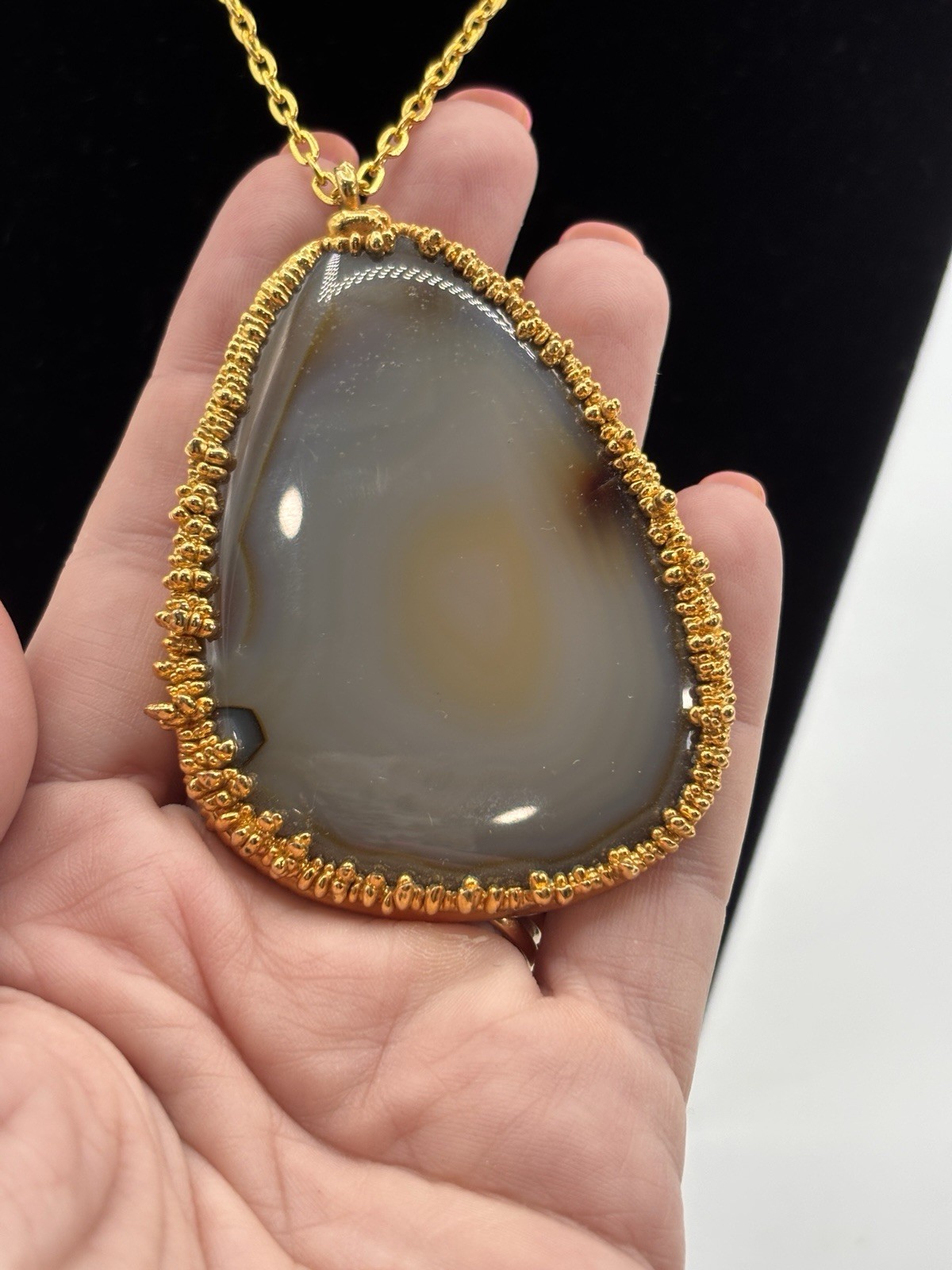 Handmade Polished Gray Agate Slice Statement Pend… - image 3