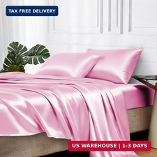 MR HM Satin Bed Sheets, Queen Size Sheets Set, 4 Pcs Silky Bedding Set with 15 I