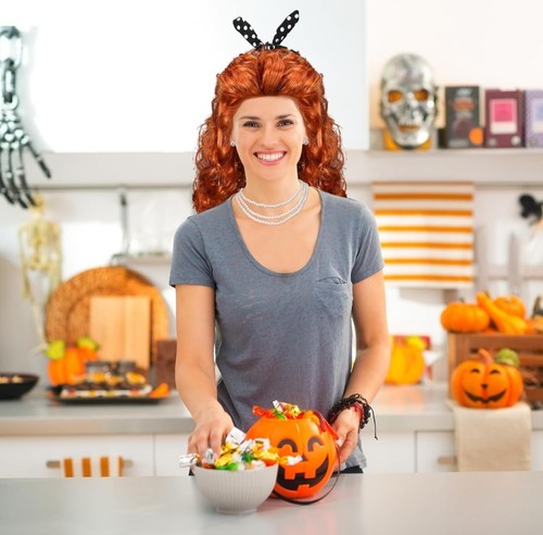 Damen Kostüm leichte Perücke mit Stirnband Ohrringe Halskette Schürze Halloween Kostüm - Bild 8 von 8