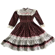 Vtg Girls Dress Mini World Sz 8 Maroon Calico Prairie Ruffle Cottagecore Lace