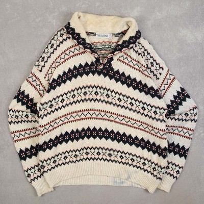 Vintage 90er Schalkragen gemustert Strickpullover XL Baumwolle Herren beige Pullover