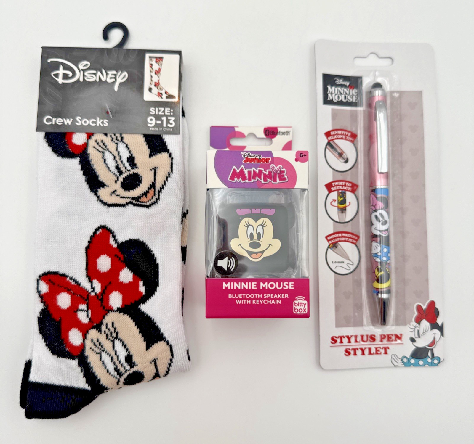 Disney Minnie Mouse 3-Piece Bundle — Crew Socks, Stylus Pen & Bluetooth Speaker