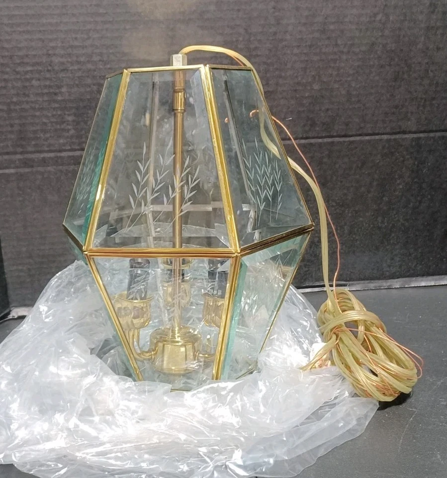 New Old Stock Forte 3 Light Solid Brass Beveled Glass Hard Wire Lighting In Box - Image 2 of 4