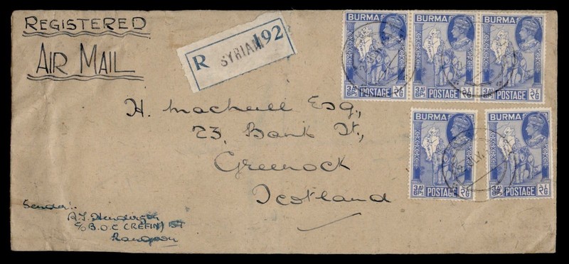 DR WHO 1946 BURMA REGISTERED SYRIAM AIRMAIL TO SCOTLAND R81619