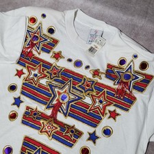 Vintage 1991 KWBL Hand Painted Star T-Shirt White Patriotic 90s Made in USA OS