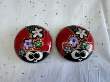 Artisan Painted Rock  2 Lady Bug Flowers Set Dot Art