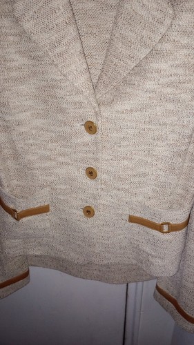 St John Collection knit Beige jacket skirt suit Rare sz 12 With Leather Trim