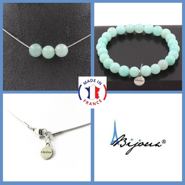 Schmuckset Armband Halskette 3 Perlen Amazonit 8 Mm. Kette In GrößE Person-image
