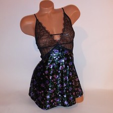 Victoria Secret Lingerie Chemise Slip XS Purple Black Floral Velvet Lace Luxe